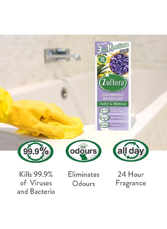 Zoflora Concentrated Multipurpose Disinfectant & Odor Eliminator, 3 in 1 Action, 500ml, Violet & Mimosa, Effective against bacteria & Viruses.