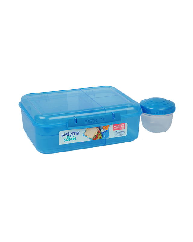 Sistema 1.65 Liter Bento Stackable Lunch Box, Blue, Easy locking clips with multiple compartments & Pot, is Microwave & dishwasher safe and BPA Free.