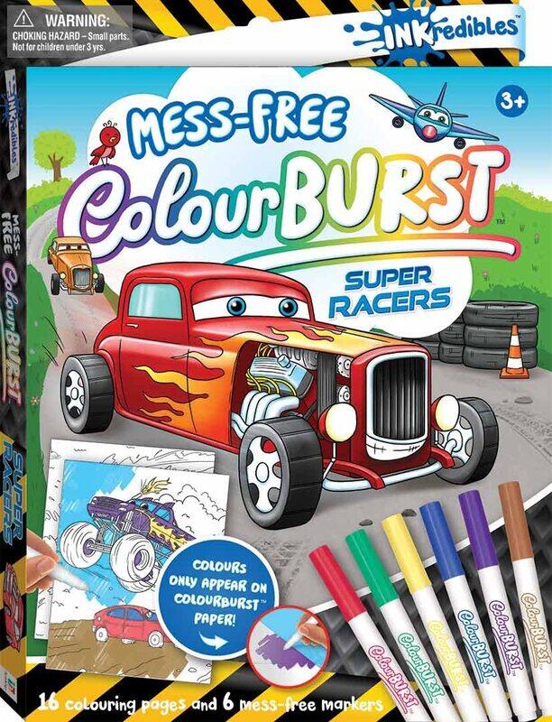 

Hinkler Inkredibles Super Racers Colour Burst with 16 Colouring Pages and 6 Colour Markers, Multicolour