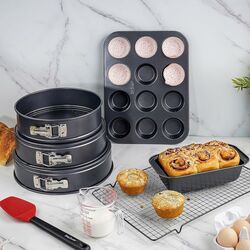 Betty Crocker Baking SET 8 Pcs (3*springform + 1*Muffin Pan 12 cups + 1*Loaf Pan+ 1*Measure cup 360ml + 1*Cooling Rack + 1*Silicon spatula) Thickness 0.4M