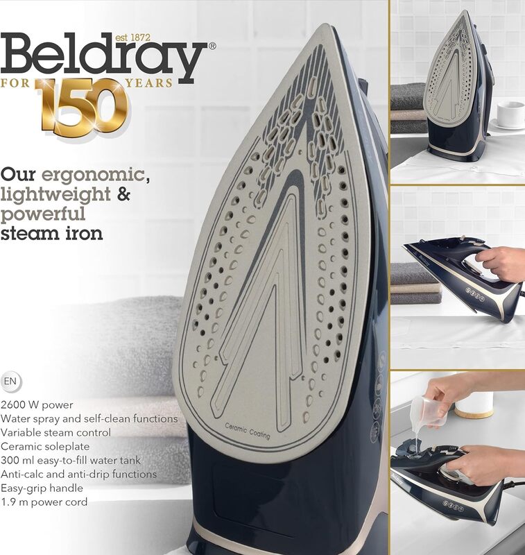 Beldray BEL01526-150 Ultra Sleek Steam Iron - Ceramic Soleplate, Easy Fill 300ml Water Tank, Anti-Calc & Drip Functions, Easy-Grip Handle, 140 g/min Steam Shot & Spray Function, Navy/Platinum, 2600W