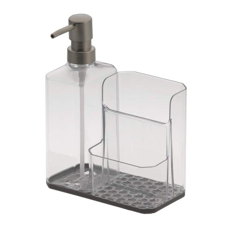 

Spectrum Hexa Sink Sponge & Brush Organizer with Soap Pump, Clear/Grey