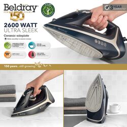 Beldray BEL01526-150 Ultra Sleek Steam Iron - Ceramic Soleplate, Easy Fill 300ml Water Tank, Anti-Calc & Drip Functions, Easy-Grip Handle, 140 g/min Steam Shot & Spray Function, Navy/Platinum, 2600W
