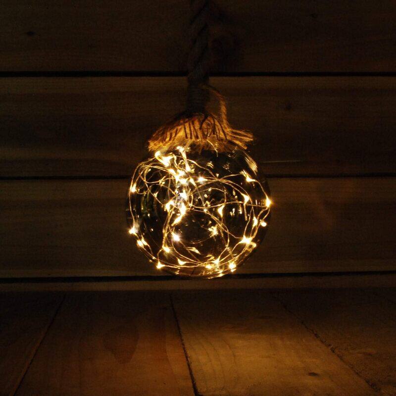 

Kaemingk 14cm Diameter Glass Globe/Ball Light Decoration with Rope & 30 LED, Warm White