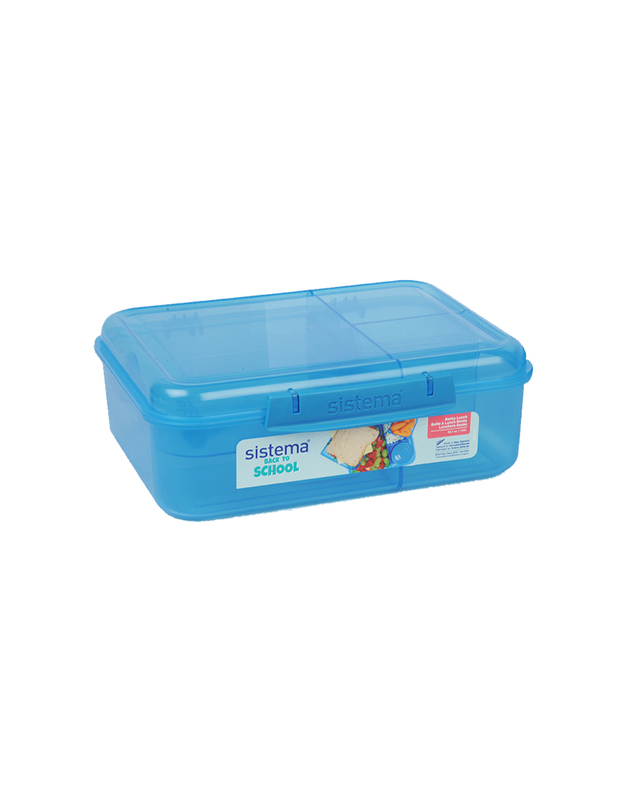 Sistema 1.65 Liter Bento Stackable Lunch Box, Blue, Easy locking clips with multiple compartments & Pot, is Microwave & dishwasher safe and BPA Free.