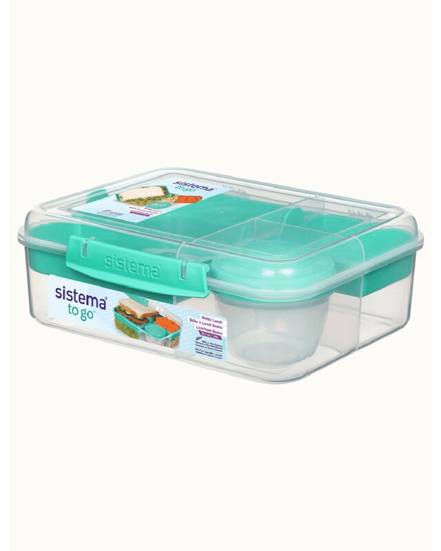 Sistema Bento Lunch To Go 1.65L, portable & Stackable for Work, Schools, featuring easy locking clip with multi-compartments. Is Microwave, Dishwasher safe and BPA Free, Green