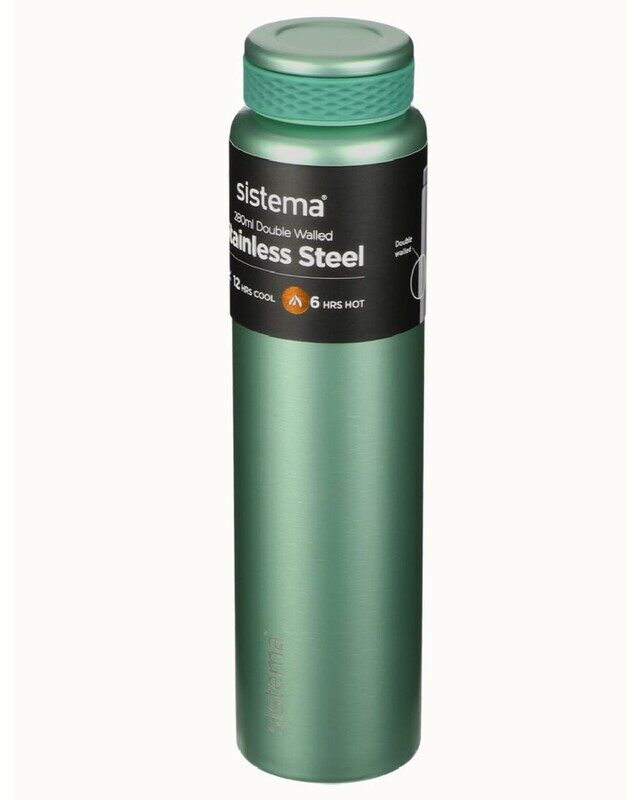 

Sistema 280ML Chic Stainless-Steel Bottle, designed with double walled insulation and 100% Leak Proof to keep drinks Hot & Cool, BPA Free. Green.