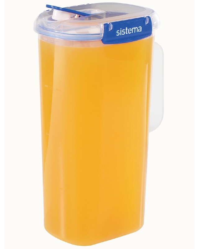 Sistema Klip It Plus 2 Liter Juice Jug, Stackable & Portable with built in leak proof seal, and Easy Locking Clips. Is Microwave, Dishwasher safe and BPA Free, Dark Blue Clips.