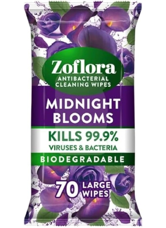 Zoflora Midnight Blooms 70 Large Biodegradable Wipes, Antibacterial Multi-surface Cleaning Wipes, Quick Cleaning, Eliminates viruses and bacteria, Removes grease and grimes.