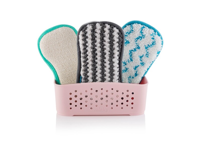 Minky M Cloth Storage Basket Set with 3 Pads Pink (Anti-Bacterial Cleaning, Anti Bacterial Kitchen Pad & Anti-Bacterial Bathroom Pad)
