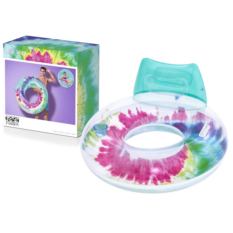 Bestway Swim Ring Tie Dye, Designed For Swimmer Aged 10+, Aristic And Colorful Tie Dye Graphics,Heavy Duty Handles, Easy To Inflate/Deflate 118X117Cm