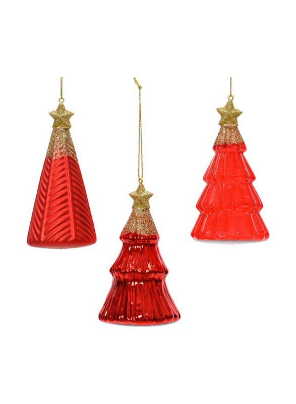 

Kaemingk Assorted Glitter 3 Designs Glass Tree with Star On Top, 1 Piece, Red