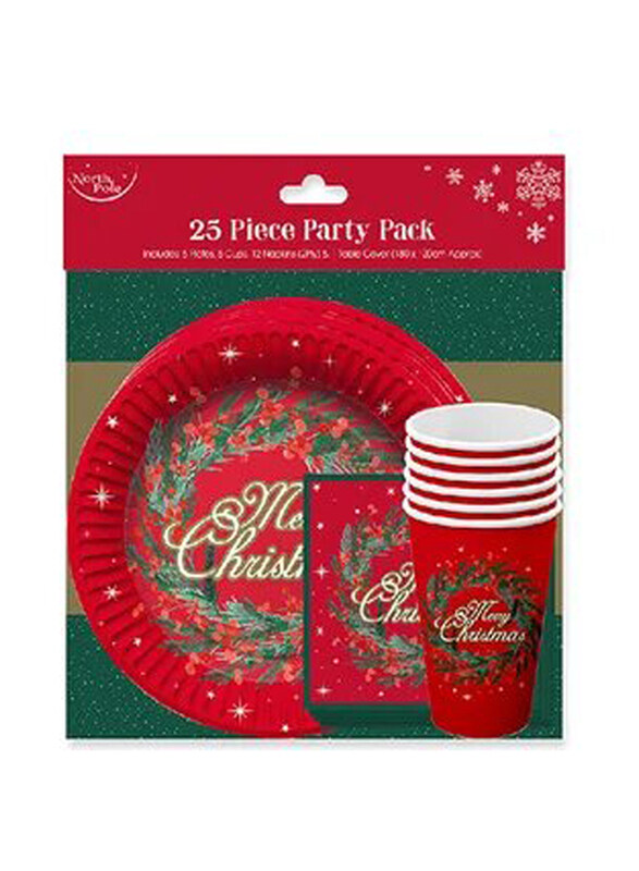 

North Pole Party Plates & Cups Set, 25 Pieces, Red