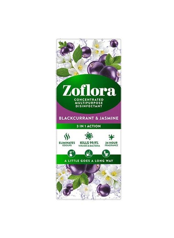 Zoflora Concentrated Multipurpose Disinfectant & Odor Eliminator, 3 in 1 Action, 500ml, Blackcurrant & Jasmine Scent, Effective against bacteria & Viruses.
