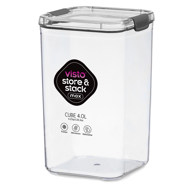 Visto Max Cube Tritan  4L (4.31qt) Clear base & lid, colour seal with matching clips- Storage Solution for Organized Living.