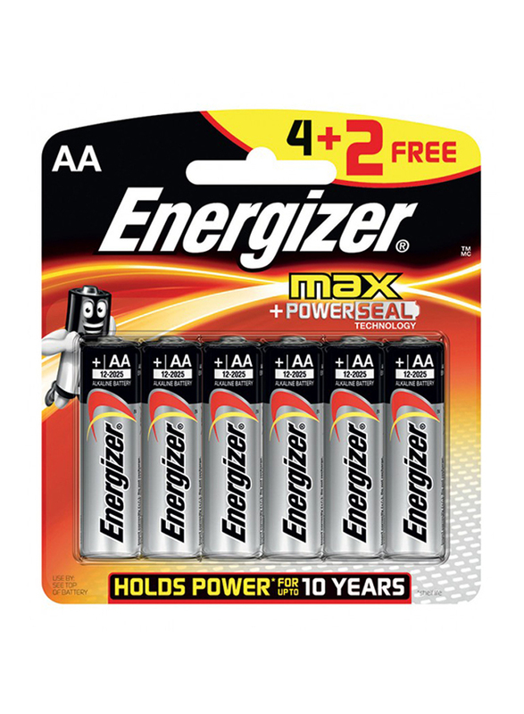 Energizer Max Power Seal AA Batteries, (4+2 Free) 6 Pieces, Black/Silver