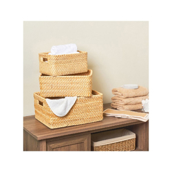 Homesmiths Medium Rectangular Rattan Storage Bins with Handles, Natural