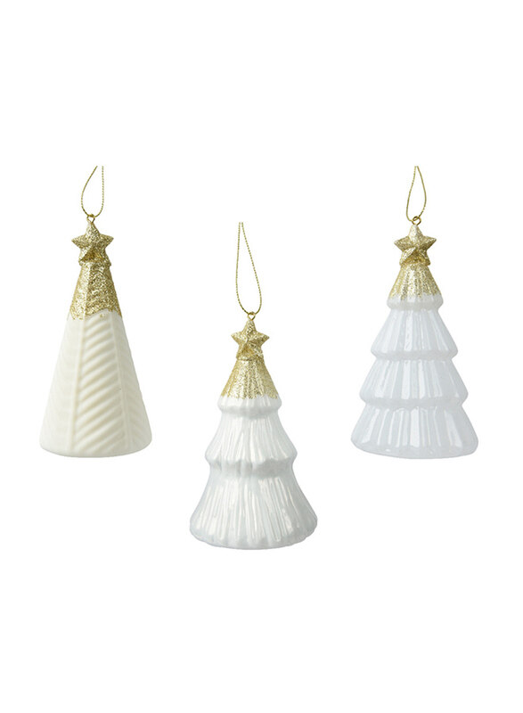 

Kaemingk Assorted Glitter 3 Desings Wool Glass Tree with Star On Top, 1 Piece, White