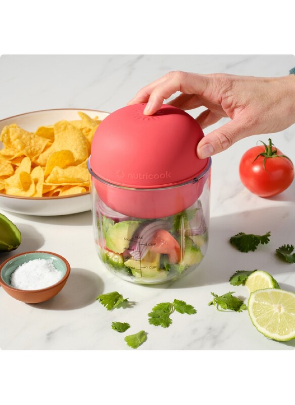 Nutricook Choppi Cordless Rechargeable Chopper, Pulse & Steady Modes, 500ml BPA Free Tritan Cup, 4000 mAh Battery, SS 304 Quad Blade, CH600, Red, Designed in California.