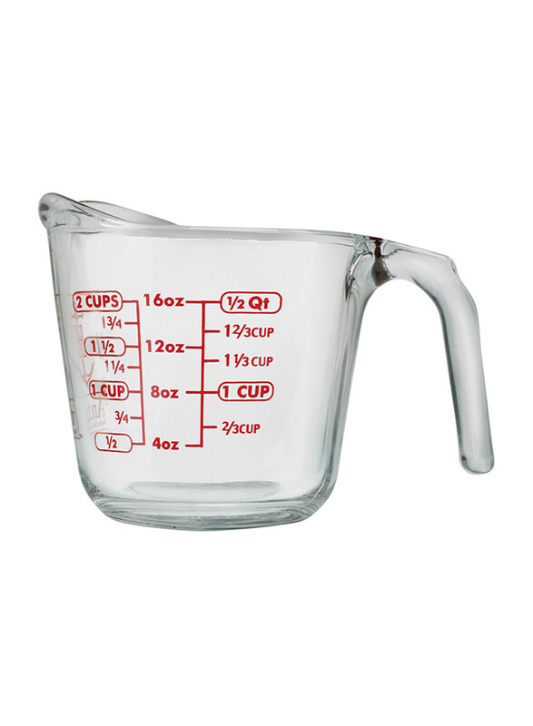 

Anchor Hocking 8oz Glass Open Handle Measuring Cup with Red Description, Clear