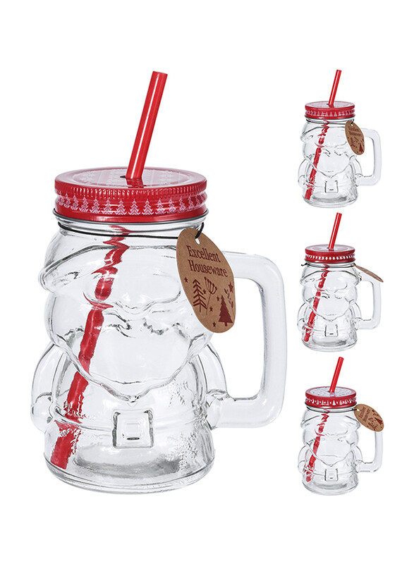 

Homesmiths 400ml Christmas Glass Jar with Straw Assorted Design, CD1000970, Red/Clear