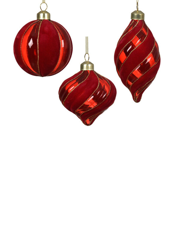 

Kaemingk Bauble Glass W Flocking Stripes with 3 Shapes, 8cm, Red