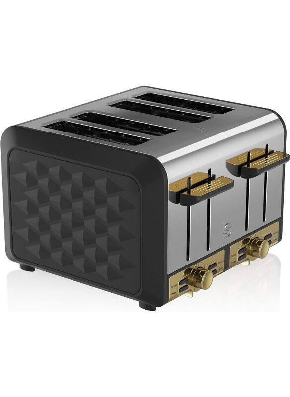 

Swan Gatsby Black and Gold 4-Slice Toaster, Variable Electronic Browning Controls, Matte Black with Diamond Pattern Design and Gold Accents, ST14084BL