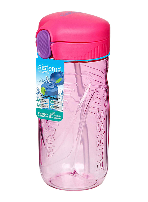 Sistema 520ml Tritan Quick Flip Plastic Water Bottle, Pink