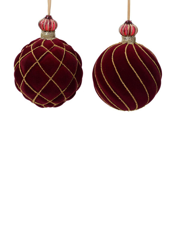 

Kaemingk Assorted Glass Velvet Finish Bauble with Glitter Swirl & Glitter Crossing Oxblood, 10cm, 1 Piece, Red