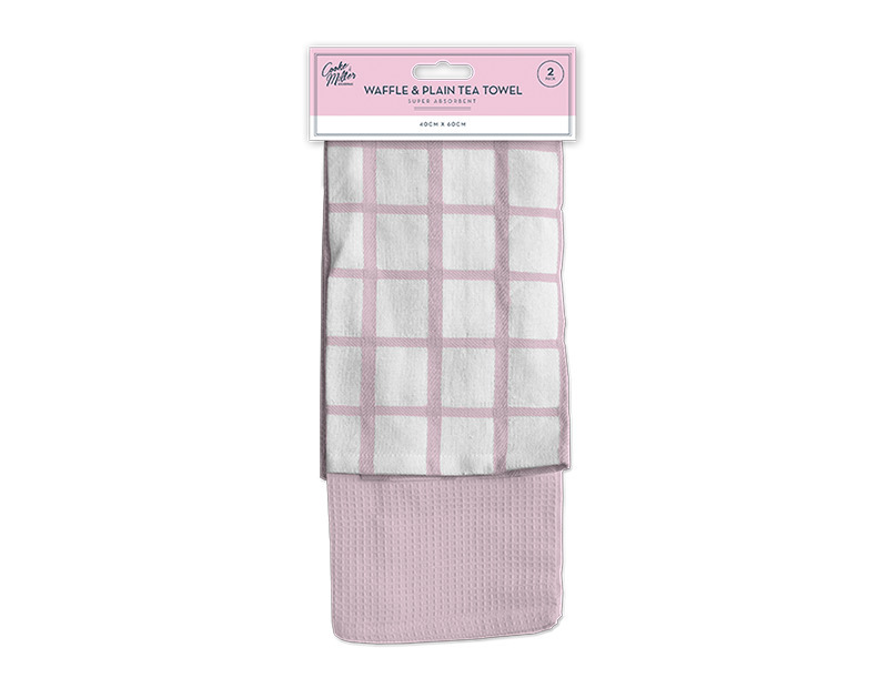 Pastel Terry Waffle & Plain Tea Towel 2pk: Waffle Texture for Scrubbing, Plain for Polishing, Generous Size, Lint-Free, Streak-Free, Colorful, Kitchen Essential, Perfect Pair