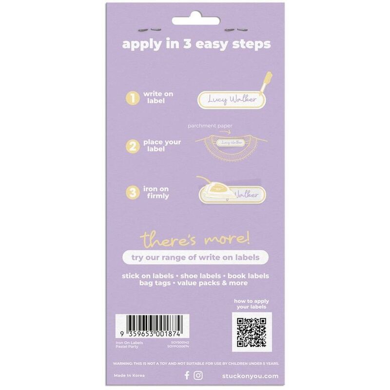 Stuck on You Iron On Labels, Easy to Iron, Washer/Dryer Safe, and Long Lasting, 39 labels Per Pack, Pastel Party