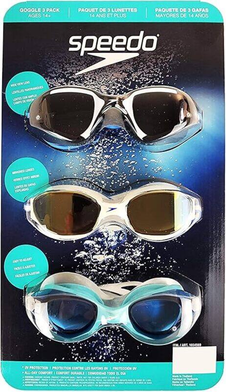 

Speedo Adult Swimming Goggles Pack Of 3 With Wide View Lens, Mirrored Lens, All Day Comfort - Ages 14 Plus, Multicolor