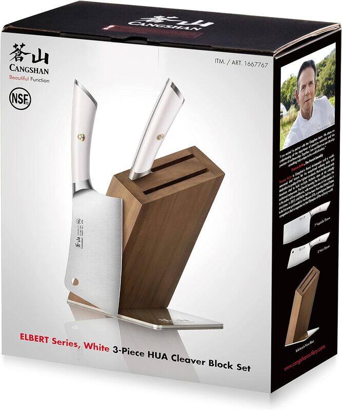 Cangshan ELBERT Series 3 Piece HUA Cleaver Knife Block Sets, Forged German Steel, Acacia Wood - White