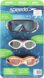 Speedo Juniors Swimming Goggles Pack Of 3 With Wide View Lens, Mirrored Lens, Easy Adjustable Straps Lens - Ages 6 To 14 Multicolor