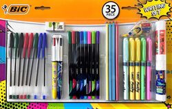BIC 35 Piece Writing Set - Cristal Ballpoint Pens, Fineliner Pens, 4 Colours Medium-Point Retractable Pens, Graphite Pencils, Highlighter, Glue Stick, Pocket Mouse & Eraser.