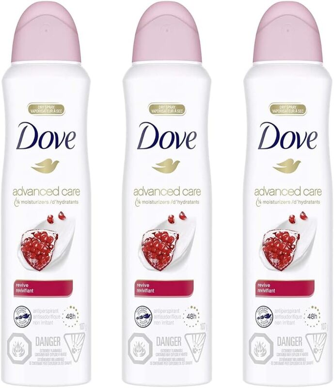 Dove Advanced Care Dry Spray Antiperspirant Deodorant for Women Revive for 48 Hour Protection And Soft And Comfortable Underarms 107g Pack Of 3