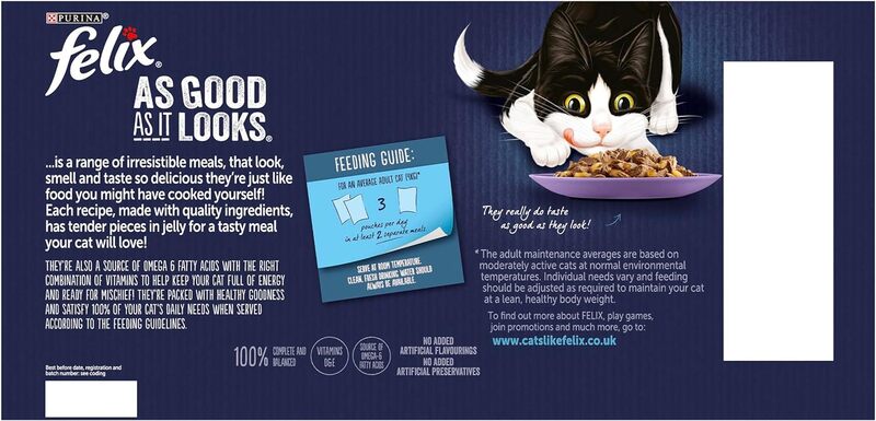 Felix As Good As It Looks Mixed Selection In Jelly Cat Food, 40 Pouch Jumbo Pack with Salmon, Chicken, Beef and Tuna 40 x100g