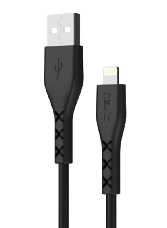 هافيت X-تايب ديزاين كيبل 1-متر شحن وبيانات لايتنينغ مضاد للكسر، عالي السرعة 2.0A USB من النوع A ذكر إلى لايتنينغ لأجهزة أبل أيفون USB 2.0، أسود