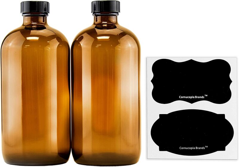 Cornucopia Amber Glass Bottle with Reusable Chalk Labels and Lids, 2 Pieces, Brown