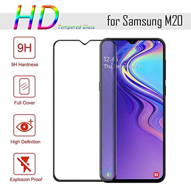 Samsung Galaxy M20 Mobile Phone Tempered Glass 9H Hardness HD Full Frame Cover Screen Protector, Black