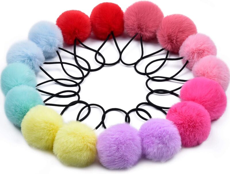 Hair Ties Pom Pom Elastic Hair Ties Hair Fluffy Ponytail Holders Pom Poms, 12 Pieces, Multicolour
