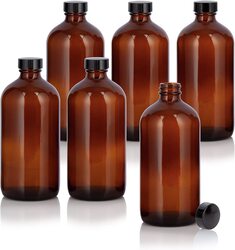 Juvitus Amber Glass Boston Round Bottle Growler with Black Phenolic Cone Lined Cap, 6 Pieces, Brown