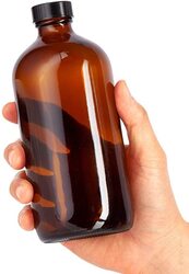 Amber Glass Boston Round Bottle with Airtight Black Phenolic Cap, 24 Pieces, Brown