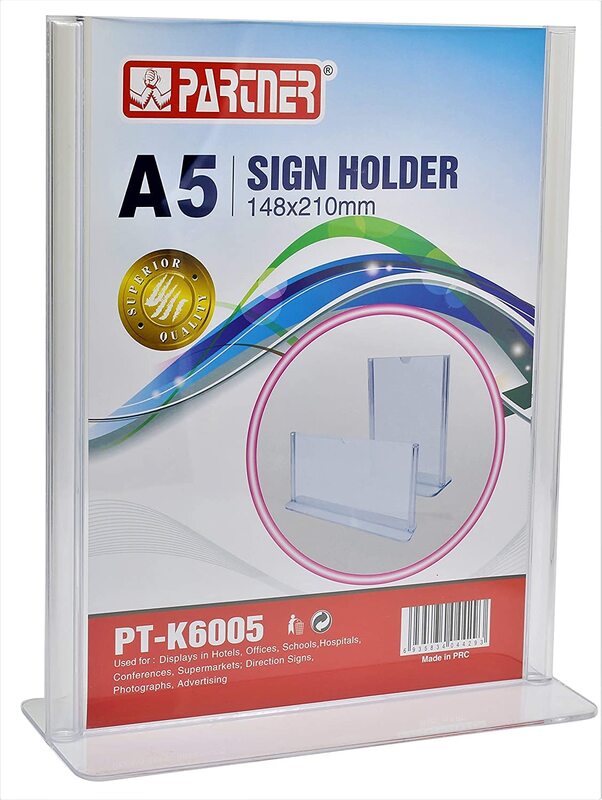 Partner A5 Vertical Acrylic Sign Holder T Shape, Clear