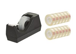 Daily Needs Tape Black Dispenser & Tape Roll Set, 12 Pieces Tape, Clear