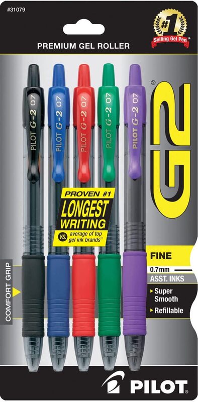 Pilot 5-Piece G2 Premium Refillable and Retractable Rolling Ball Gel Pen Set, 0.7mm, Black/Blue/Red/Green/Purple