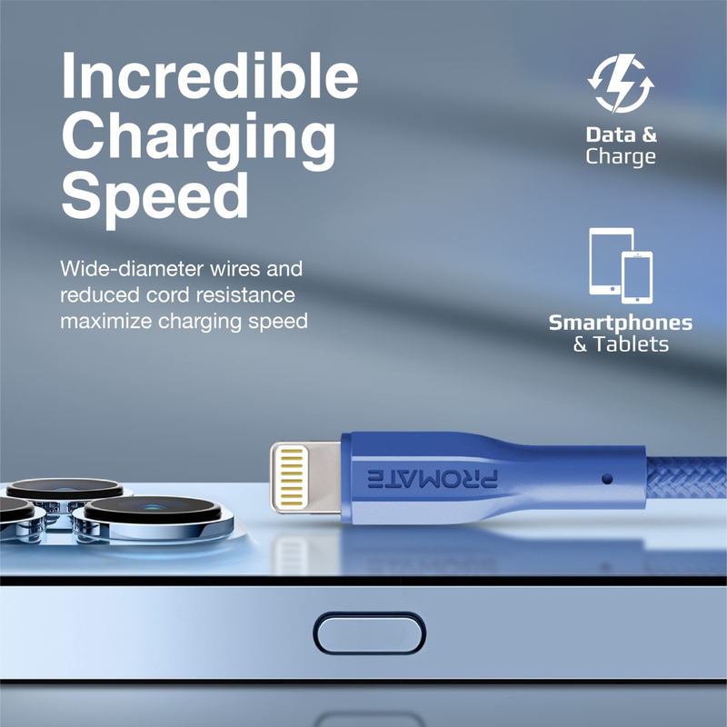 Promate 1-Meter 480 Mbps Data Sync Cord, USB Type A to Lightning Cable with 10W Output for iPhone 14, XCord-Ai, Navy Blue