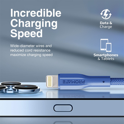 Promate 1-Meter 480 Mbps Data Sync Cord, USB Type A to Lightning Cable with 10W Output for iPhone 14, XCord-Ai, Navy Blue