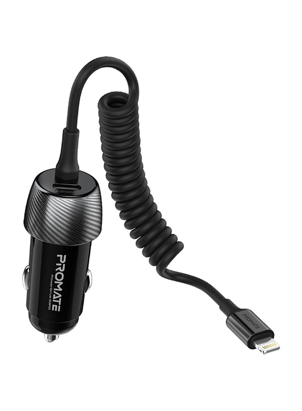 Promate 33 PD Car Charger with USB-C Port and 20W Lightning Coiled Cable, PowerDrive-33PDI, Black
