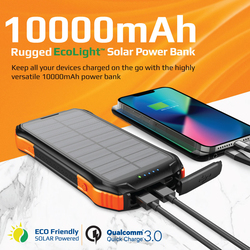 Promate 10000mAh Battery Solar Power Bank with IP65 Protection, Qi Charger, USB-C PD and QC 3.0 Port, SolarTank-10PDQi, Black